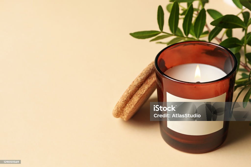 Scented candle and plant branch on beige background Candle Stock Photo