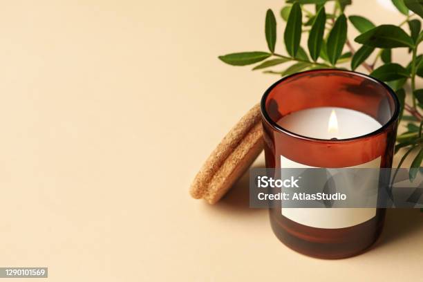 Scented Candle And Plant Branch On Beige Background Stock Photo - Download Image Now