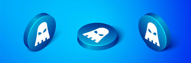 Isometric Executioner mask icon isolated on blue background. Hangman, torturer, executor, tormentor, butcher, headsman icon. Blue circle button. Vector Isometric Executioner mask icon isolated on blue background. Hangman, torturer, executor, tormentor, butcher, headsman icon. Blue circle button. Vector. medieval torture drawings stock illustrations