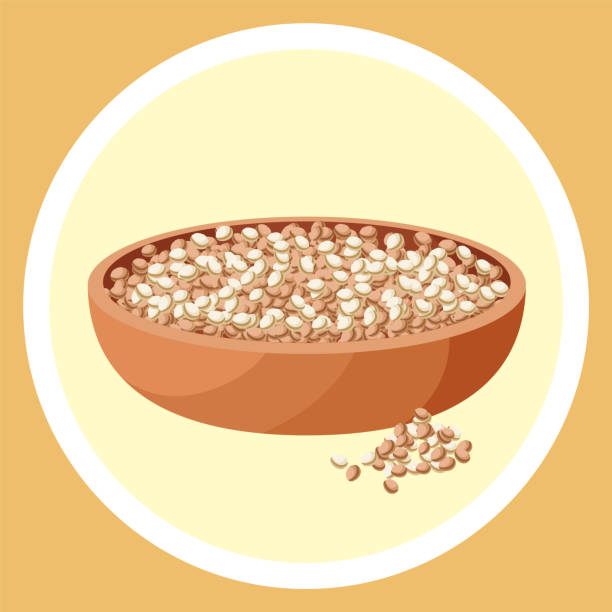 ilustraciones, imágenes clip art, dibujos animados e iconos de stock de granos de quinua en cuenco aislados en amarillo. productos útiles al amamantar a un niño. imagen plana - oatmeal oat box container