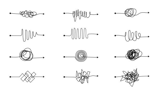 ilustrações de stock, clip art, desenhos animados e ícones de set of different ways to solve problem. collection of chaotic messy scribbles. knot arrow line. vector - caos