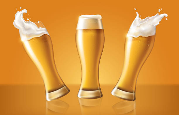 set light beer in glass cup, refreshing drink with white foam in 3d illustration, splashing beer set set light beer in glass cup, refreshing drink with white foam in 3d illustration, splashing beer set vector illustration beer glass splash stock illustrations