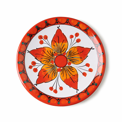 Traditional Sicilian Decorated Ceramic Plates, from Santo Stefano di Camastra (Messina, Italy) – Top View, Isolated on White Background