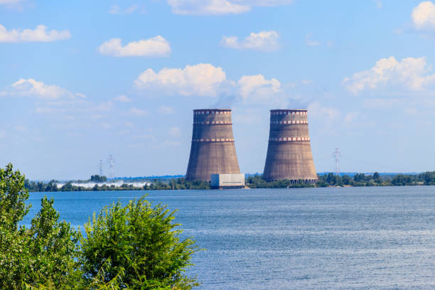 Cooling towers of Zaporizhia Nuclear Power Station in Enerhodar, Ukraine stock photo
