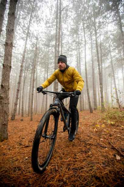 istock Young man biking through autumn forest 1290105261