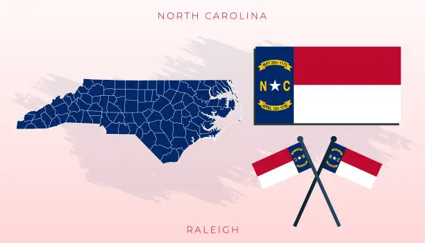 Vector illustration of Vector flag of North Carolina, North Carolina map, illustration