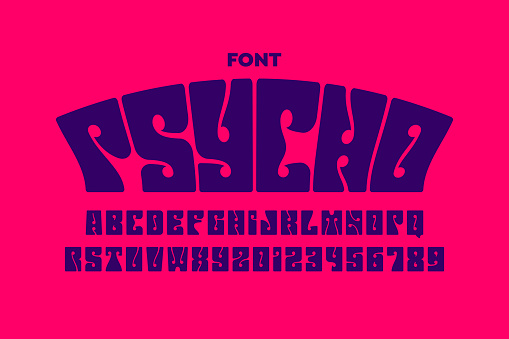 Psychedelic style font design, 1960s alphabet letters and numbers