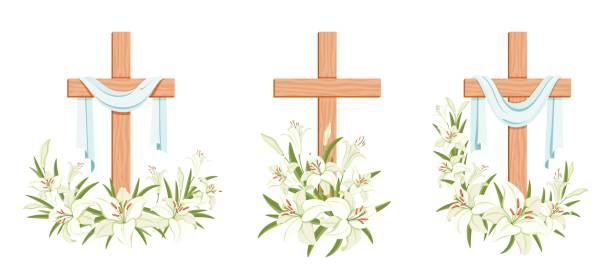 Cross with lilies. Religious Easter Symbol. Colorful set. Vector Cross with lilies. Religious Easter Symbol. Colorful set of crosses with lilies and shroud. Easter Sunday poster design element, card, greetings. Isolated. Vector illustration pics of a cross easter lilies stock illustrations