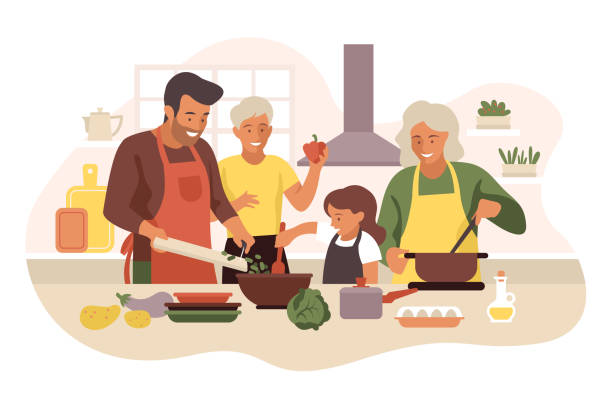 Happy family cooking in cozy bright modern kitchen. Vector flat illustration isolated on white background with parents spending time with two children, talking, laughing and eating healthy meal Father, mother, sister, brother preparing healthy food on a sunny day. Parents and children are cutting food on a cutting board and mixing food in a large bowl and smiling. Modern cozy kitchen interior with a large window and a hood cooking stock illustrations