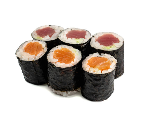istock Salmon Hosomaki Sushi or Thin Maki Sushi Rolls Isolated 1290113241