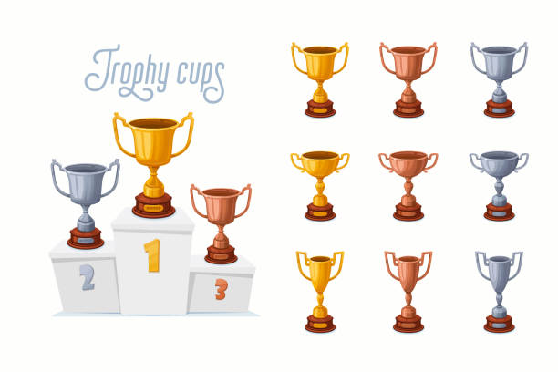 illustrations, cliparts, dessins animés et icônes de coupes de trophée sur un podium. coupes de prix gagnant d’or, d’argent et de bronze réglées avec différentes formes - trophées de 1ère, 2ème, et 3ème place sur un piédestal blanc. illustration vectorielle de modèle de dessin animé - second place audio