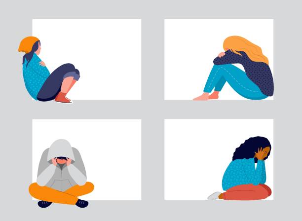 ilustrações, clipart, desenhos animados e ícones de jovens, adolescentes, sofrendo de doenças psicológicas, ansiedade. meninas e meninos sentados tristes perto da janela ou parede - mental health relationship difficulties teenager divorce