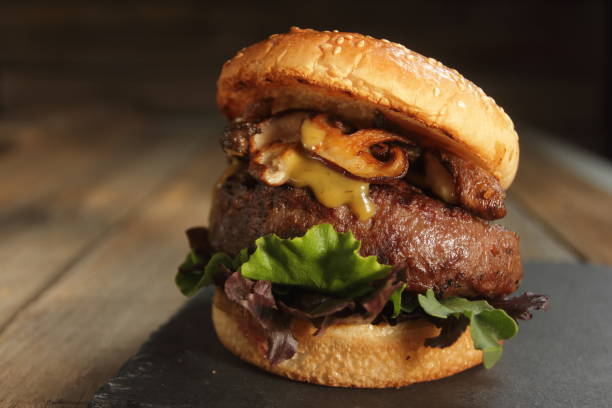 istock rustic hamburger with juicy mushroom meat 1290118633