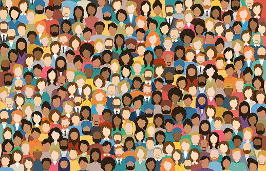 Multicultural Crowd of People. Group of different men and women. Young, adult and older peole. European, Asian, African and Arabian People. Empty faces. Vector illustration.