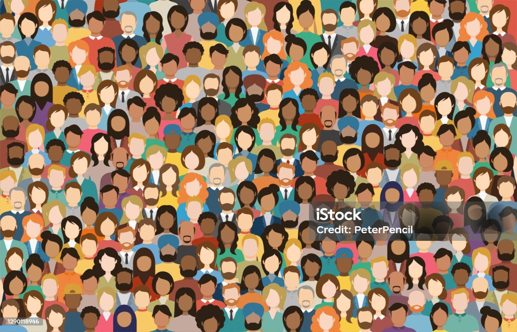Multicultural Crowd of People. Group of different men and women. Young, adult and older peole. European, Asian, African and Arabian People. Empty faces. Vector illustration. Multiracial Group stock vector