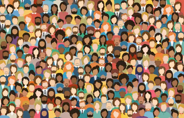 Vector illustration of Multicultural Crowd of People. Group of different men and women. Young, adult and older peole. European, Asian, African and Arabian People. Empty faces. Vector illustration.