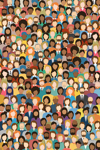 Multicultural Crowd of People. Group of different men and women. Young, adult and older peole. European, Asian, African and Arabian People. Empty faces. Vertical Orientation. Vector illustration.