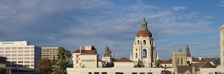 Pasadena, California: panoramic image showing  the landmark Pasadena City Hall and other buildings. Pasadena is located in Los Angeles County.