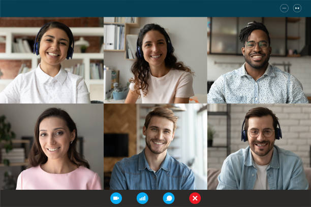 istock Head shot screen view diverse colleagues chatting online, video call 1290123054