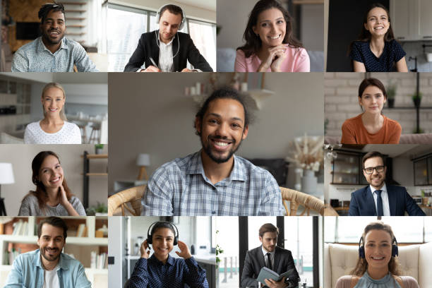 istock Head shot screen view diverse colleagues group brainstorming online 1290123059