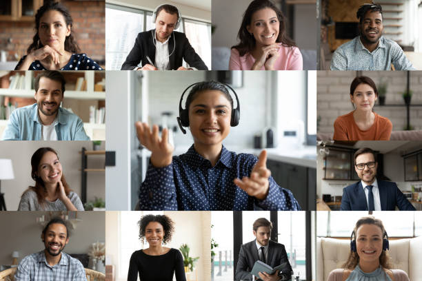 istock Head shot screen view diverse colleagues employees working online 1290123066