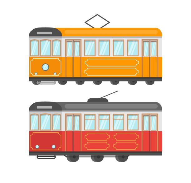 Different old retro vintage trams set. Public transport concept. Design graphic element. Electric tramway car. Vector