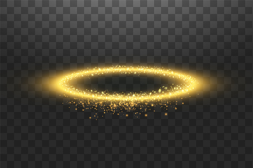Golden halo angel ring. Isolated on black transparent background, vector illustration.