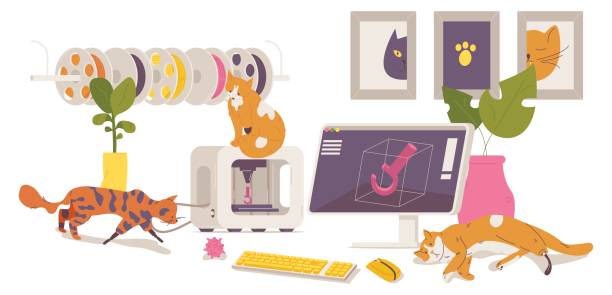 Various cats with prosthesis made with 3d printer. Interior scene with artist or designer workplace with kittens, display monitor, filament spools isolated on white Various cats with prosthesis made with 3d printer. Interior scene with artist or designer workplace with kittens, display monitor, filament spools isolated on white. domestic cat greece stock illustrations