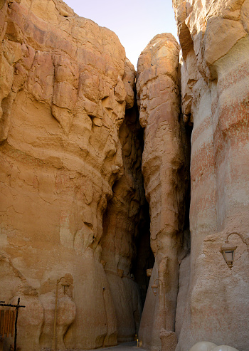 Al-Qarah / Garah, Al-Hofuf, Al-Ahsa Oasis, Eastern Province, Saudi Arabia:  narrow gorge (known as Siqit) leading to Al-Nashab cave, formed by subaerial weathering of Al-Qarah mountain / Jabal Al-Qarah / Al-shaba'an mountain - UNESCO world heritage site - Ghar An Nashab / Al Qara Cave.