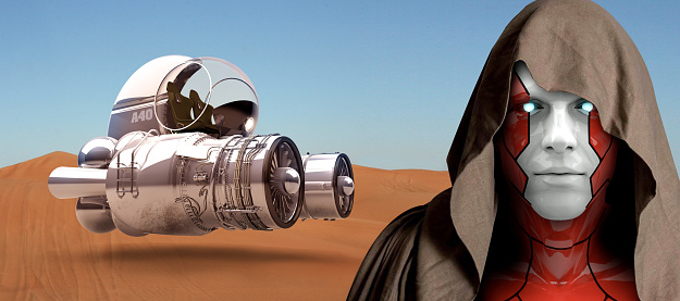 Charismatic robot pilot and his anti-gravity technology racing pod on the desert. The face of the caped robot racer pilot on the secret mission. Futuristic anti-hero character’s space adventure.\n\nThis character is also featured in my istock portfolio.\nIstock image number: 1286870096