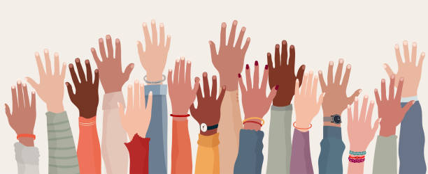 Group raised human arms and hands.Diversity multiethnic people. Racial equality. Men and women of different culture and nations. Coexistence harmony. Multicultural community integration Possible use to express the concept of equality between multiethnic and multiracial people. Unity and solidarity between people of different cultures. Concept of activist and protest movement. Friendship, solidarity, tolerance and brotherhood among peoples. International and multicultural society and population. Cooperation between communities. Anti-racism protest. Volunteer concept racial equality stock illustrations
