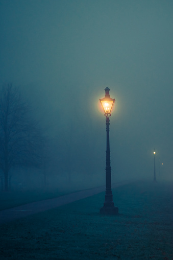 Old Victorian style street lamp shining in fog in Phoenix Park, Dublin, on a winter night, with moody spooky atmosphere