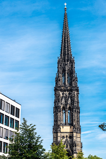 Bell tower of the Church of St. Nicholas (Nikolai-Kirche), Lutheran church located in the centre of Hamburg, Germany