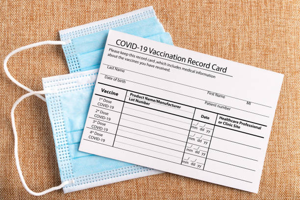 istock Coronavirus vaccination record card. Protective mask divided into two parts. Concept of defeating Covid-19 1290131996
