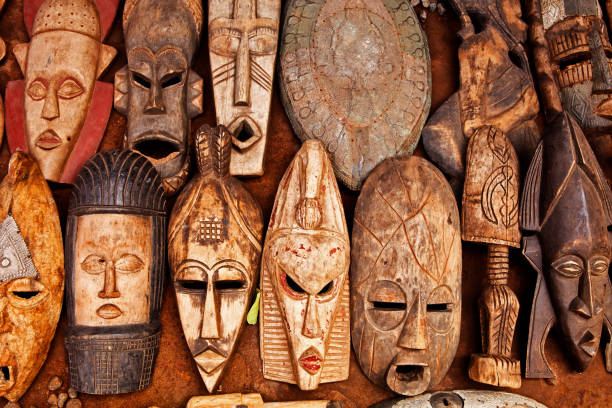 West African Art Display in Accra Ghana Close up of various art pieces at an outdoor market in Accra Ghana ghana photos stock pictures, royalty-free photos & images