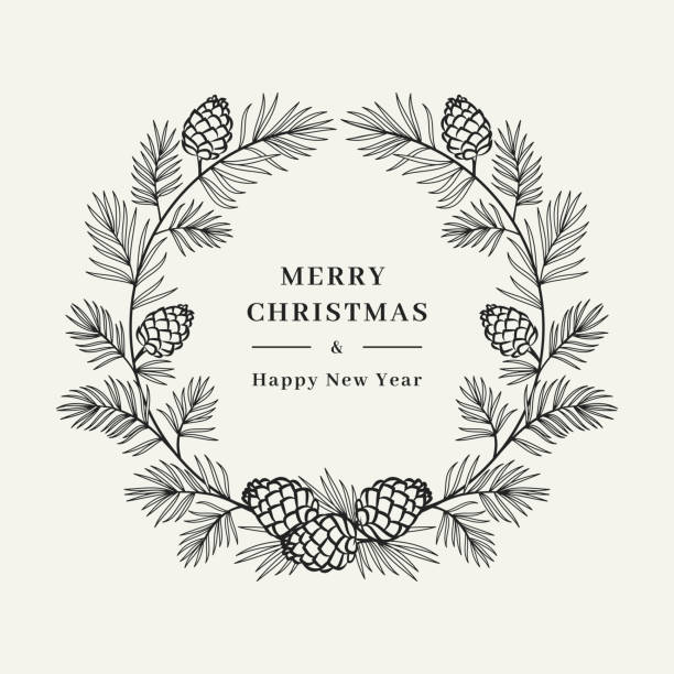 ilustrações de stock, clip art, desenhos animados e ícones de merry christmas card, winter wreath pine tree branch with cones, floral wreath. merry christmas and happy new year greeting. vector illustration - arranjo de flores