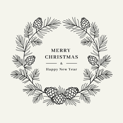 Merry Christmas card, Winter wreath Pine tree branch with cones, Floral wreath. Merry Christmas and Happy New Year greeting. Vector isolated illustration