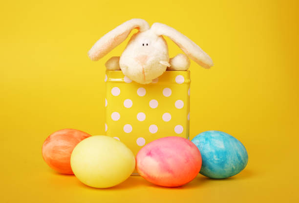 istock Plush white bunny in a yellow box with polka dots and colored eggs 1290141363