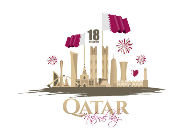 illustrazioni stock, clip art, cartoni animati e icone di tendenza di festa nazionale del qatar. una festa nazionale che celebra l'unione e ottiene l'indipendenza del qatar il 18 dicembre 1878. sagome attrazioni della capitale del qatar di doha illustrazione di vacanza vettoriale. - qatar