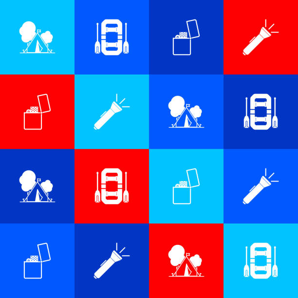 ilustrações de stock, clip art, desenhos animados e ícones de set tourist tent with flag, rafting boat, lighter and flashlight icon. vector - inflatable raft flash