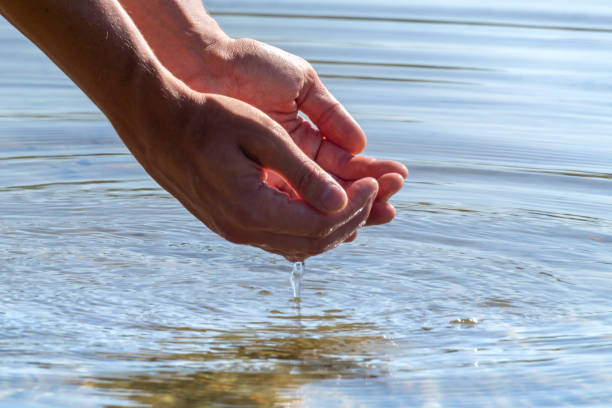 istock Hands holding river water on bright summer day 1290147444