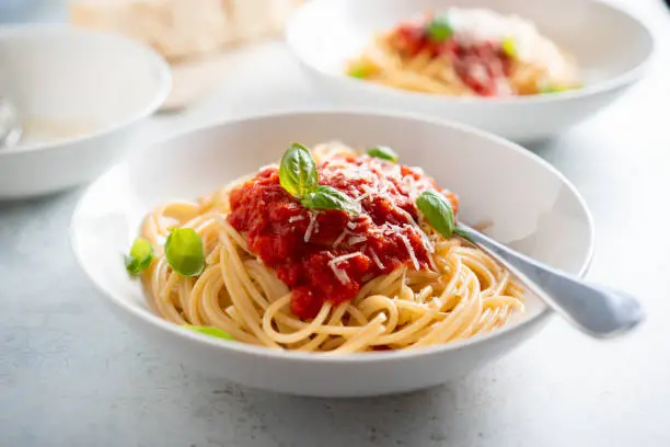 Spaghetti with tomato sauce and basil on a plate