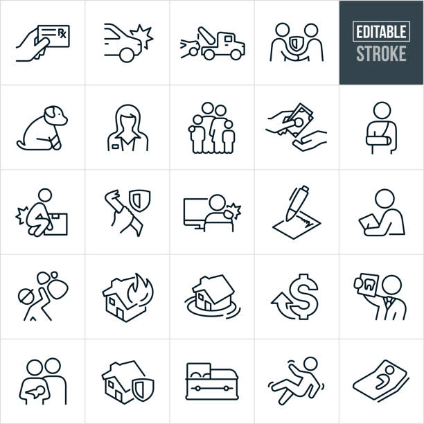 Insurance Types Thin Line Icons - Editable Stroke A set of insurance icons that include editable strokes or outlines using the EPS vector file. The icons include a insurance card, car wreck, tow truck, insurance agent and customer, dog with cast, female insurance agent, car insurance, auto insurance, family with kids, money, person with broken arm, person injuring back while lifting box, criminal with crowbar, insurance form, underwriter, construction worker being injured on the job, house fire, homeowners insurance, health care insurance, house being flooded, expensive, dental insurance, dentist with x-ray, family with newborn baby, life insurance, casket and a person in a hospital bed to name a few. life insurance stock illustrations