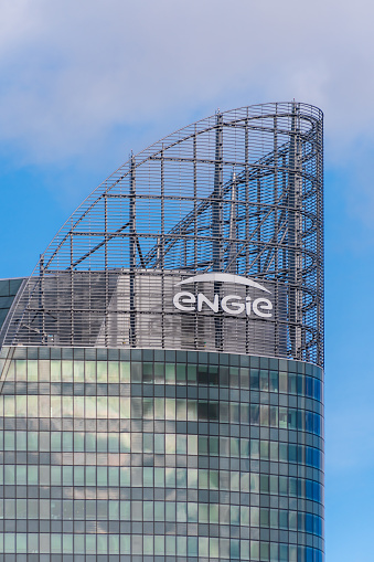 Courbevoie, France - November 12, 2020: Exterior view of the top of the T1 tower in Paris La Defense, headquarters of Engie, a French multinational energy industrial group previously known as GDF-Suez