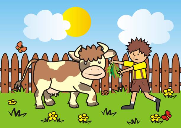 ilustrações de stock, clip art, desenhos animados e ícones de boy and cow on pasture, vector illustration - butterfly single flower vector illustration and painting