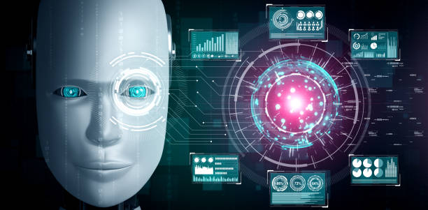 istock Robot humanoid face close up with graphic concept of big data analytic 1290155170