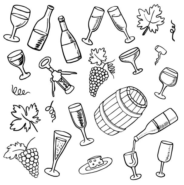 ilustraciones, imágenes clip art, dibujos animados e iconos de stock de conjunto de doodles de vino - glass of wine