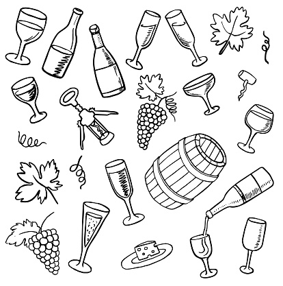 Hand Drawn wine doodles set. Vector illustration.