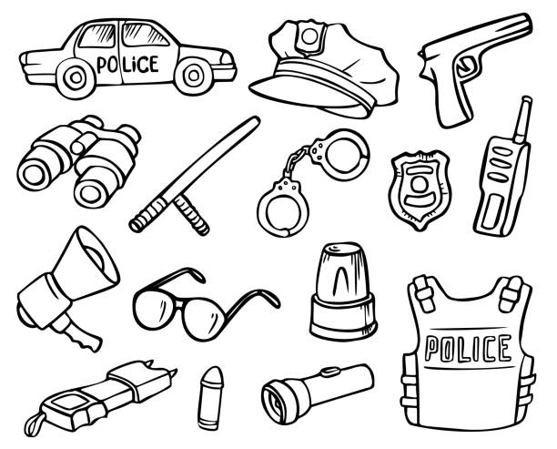 полиция doodles установить - weapon gun order handgun stock illustrations