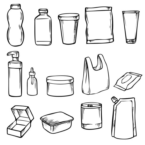 ilustraciones, imágenes clip art, dibujos animados e iconos de stock de conjunto de doodles de embalaje - packaging food plastic package